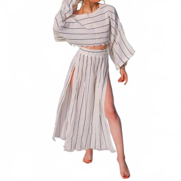 NEW MOA striped side slit cotton maxi skirt in white/black